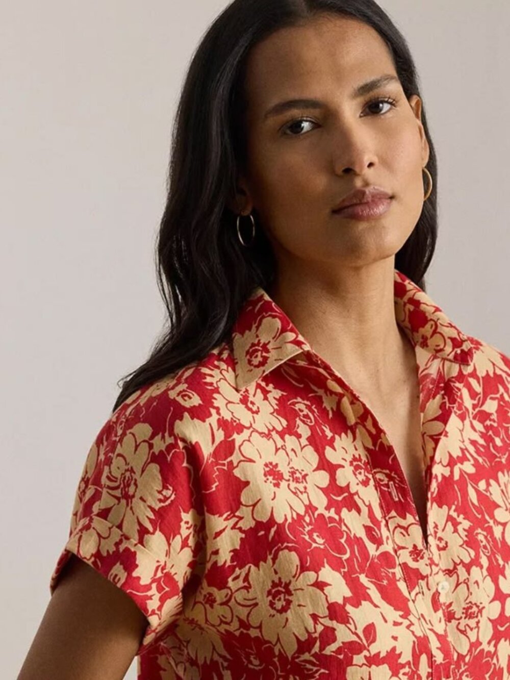 NWT Lauren Ralph Lauren Floral Linen Button Front Shirt Red Tan Size S - Picture 3 of 7